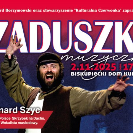 Plakat zapraszający w niedzielę 2 listopada 2025 r. do Biskupca na Zaduszki Muzyczne Biskupiec 2025.