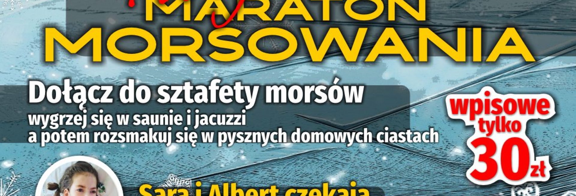 Plakat zapraszający w niedzielę 7 grudnia 2025 r. do Dobrego Miasta na akcję charytatywną "TWÓJ CZAS" Maraton Morsowania Dobre Miasto 2025 