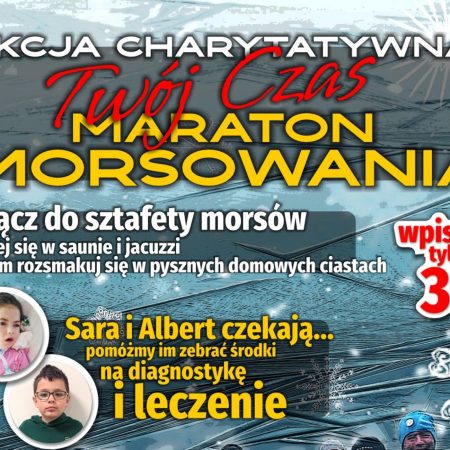Plakat zapraszający w niedzielę 7 grudnia 2025 r. do Dobrego Miasta na akcję charytatywną "TWÓJ CZAS" Maraton Morsowania Dobre Miasto 2025