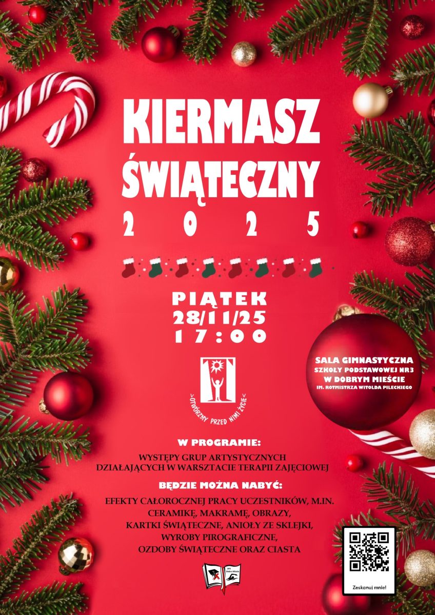 Plakat zapraszający w piątek 28 listopada 2025 r. do Dobrego Miasta na Kiermasz Świąteczny Dobre Miasto 2025. 