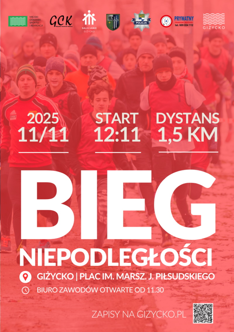 Plakat zapraszający we wtorek 11 listopada 2025 r. do Giżycka na Obchody Narodowego Święta Niepodległości Giżycko 2025. 