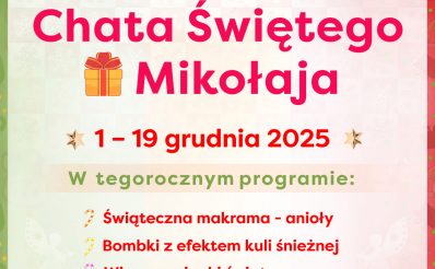Plakat zapraszający w dniach 1-19 grudnia 2025 r. do Giżycka do Chaty Świętego Mikołaja w Twierdzy Boyen Giżycko 2025, 