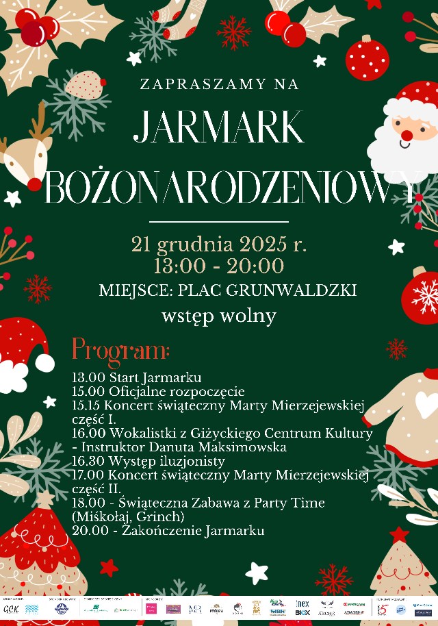 Plakat zapraszający w niedzielę 21 grudnia 2025 r. do Giżycka na coroczny Jarmark Bożonarodzeniowy Giżycko 2025.