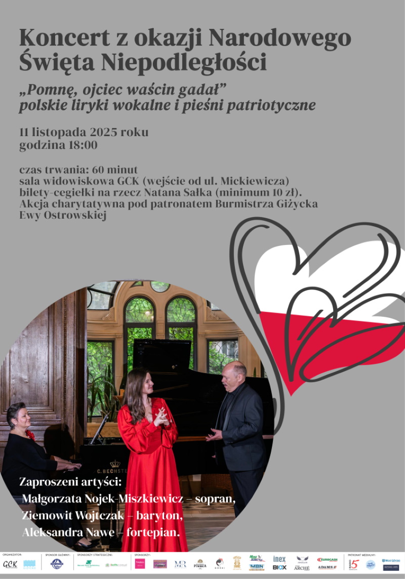 Plakat zapraszający we wtorek 11 listopada 2025 r. do Giżycka na Obchody Narodowego Święta Niepodległości Giżycko 2025. 