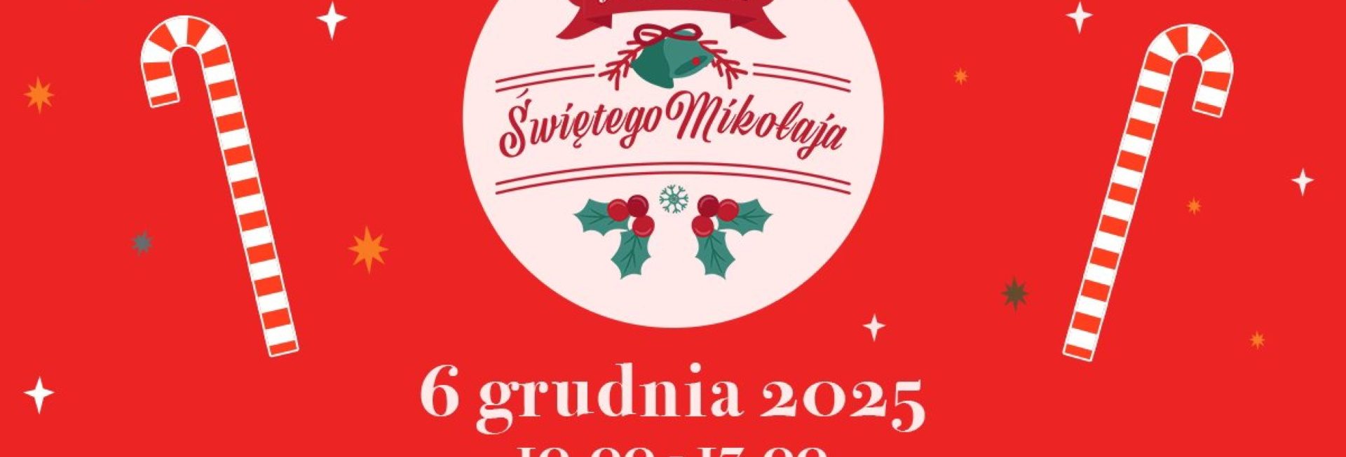 Plakat zapraszający w sobotę 6 grudnia 2025 r. do Mrągowa na kolejny Jarmark Bożonarodzeniowy św. Mikołaja Mrągowo 2025. 