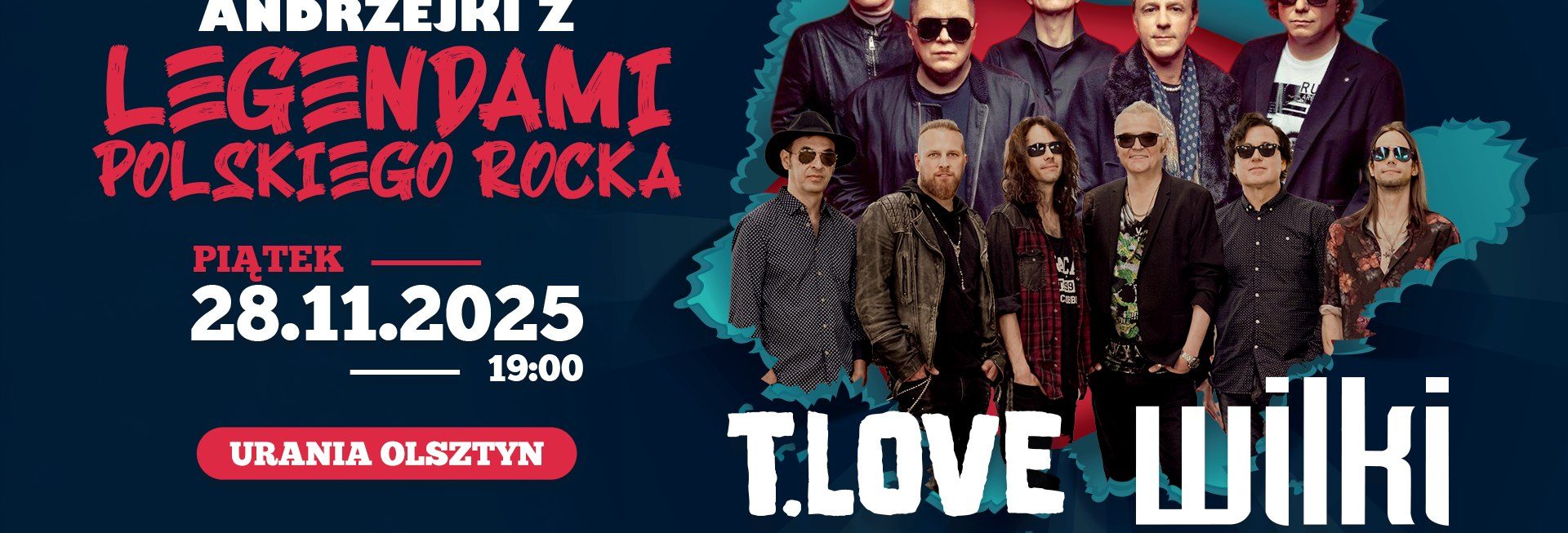 Plakat zapraszający w piątek 28 listopada 2025 r. do Olsztyna na koncert Andrzejki z Legendami Polskiego Rocka Hala Urania Olsztyn 2025. 