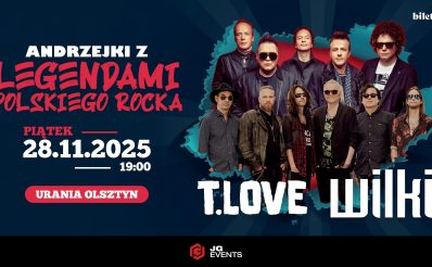 Plakat zapraszający w piątek 28 listopada 2025 r. do Olsztyna na koncert Andrzejki z Legendami Polskiego Rocka Hala Urania Olsztyn 2025. 