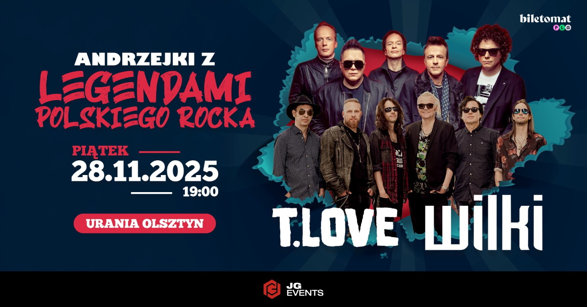 Plakat zapraszający w piątek 28 listopada 2025 r. do Olsztyna na koncert Andrzejki z Legendami Polskiego Rocka Hala Urania Olsztyn 2025. 