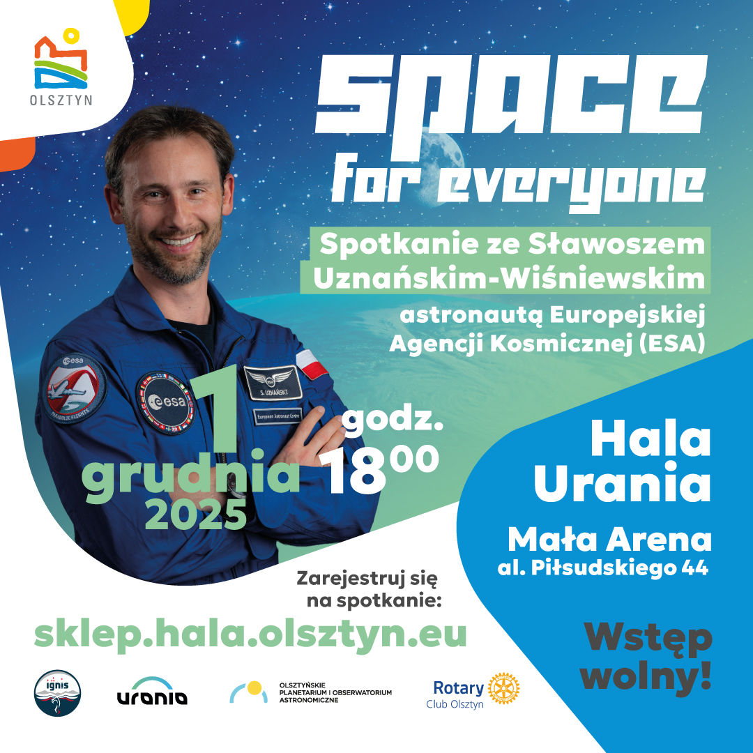 Plakat zapraszający w poniedziałek 1 grudnia 2025 r. do Olsztyna na Spotkanie ze Sławoszem Uznańskim-Wiśniewskim Hala Urania 2025.