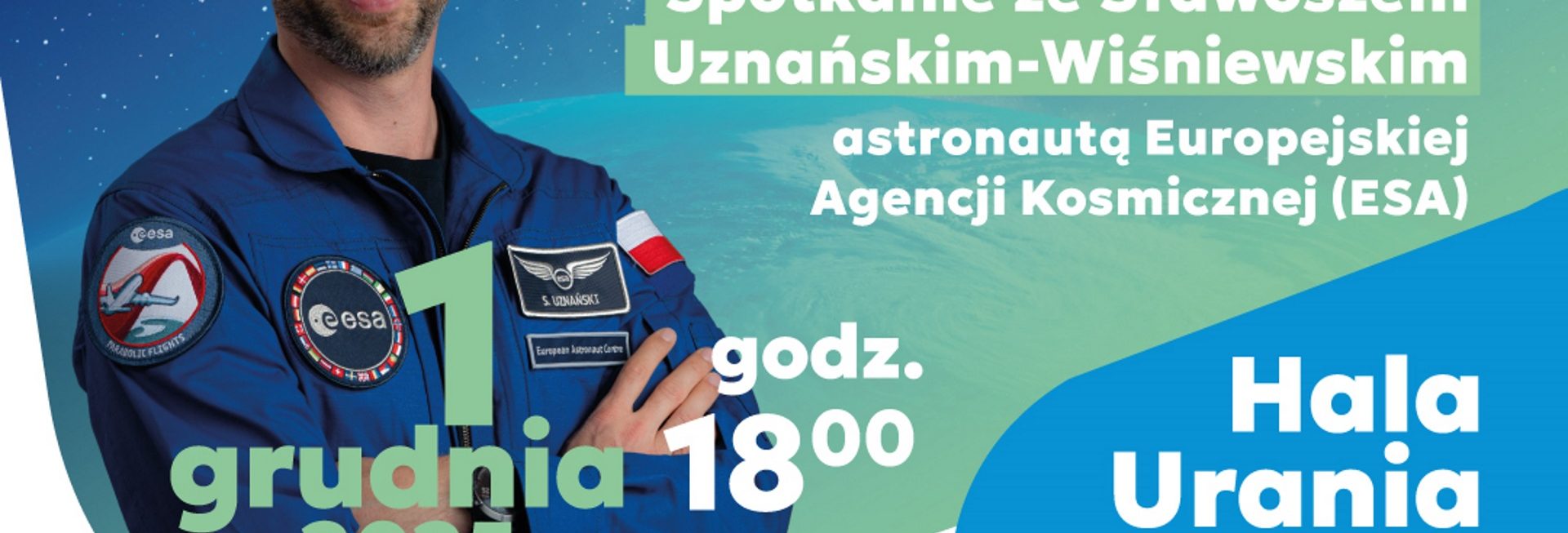 Plakat zapraszający w poniedziałek 1 grudnia 2025 r. do Olsztyna na Spotkanie ze Sławoszem Uznańskim-Wiśniewskim Hala Urania 2025.