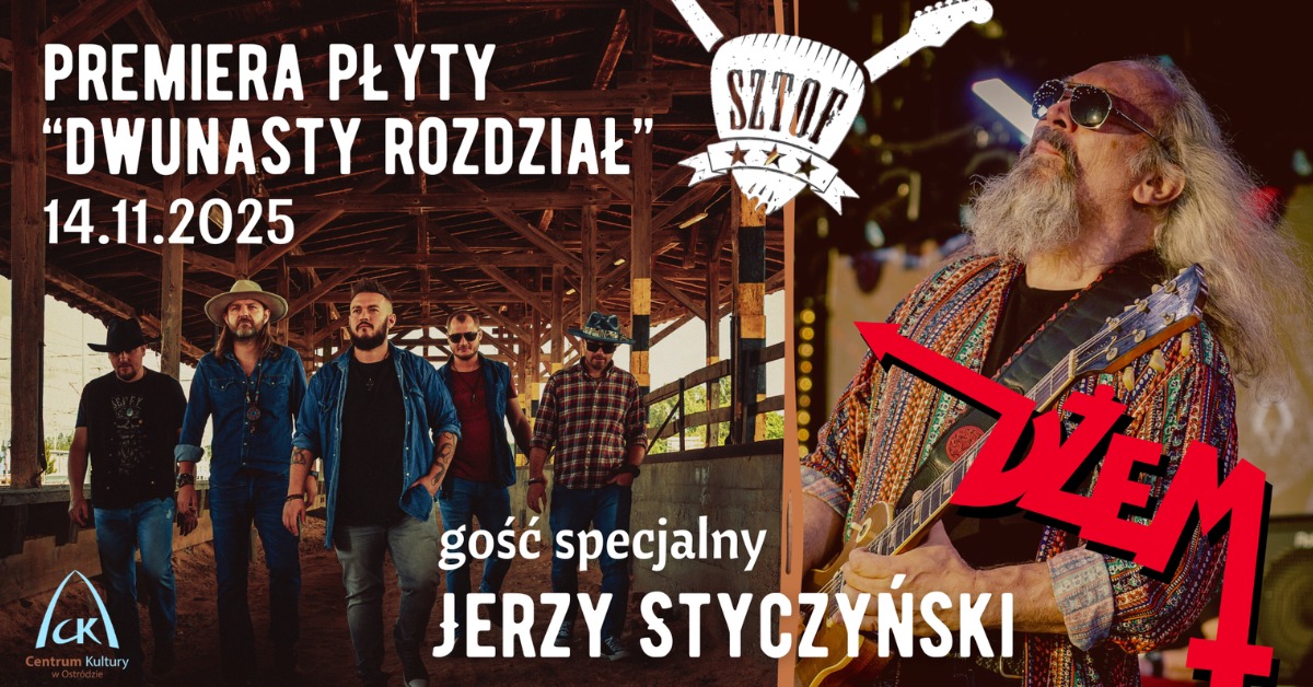 Plakat zapraszający w piątek 14 listopada 2025 r. do Ostródy na koncert Sztof & J. Styczyński (Dżem) Ostróda 2025. 