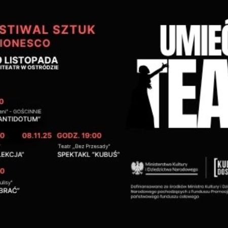 Plakat zapraszający w dniach 7-9 listopada 2025 r. do Ostródy na Mini Festiwal Sztuk IONESCO "Umieć w Teatr" Ostróda 2025.