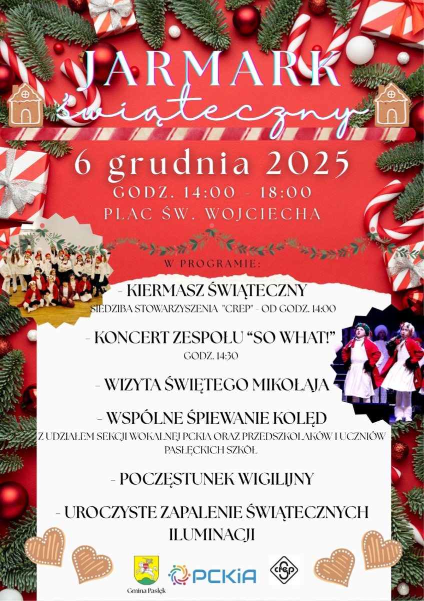 Plakat zapraszający w sobotę 6 grudnia 2025 r. do Pasłęka na Jarmark Świąteczny Pasłęk 2025.
