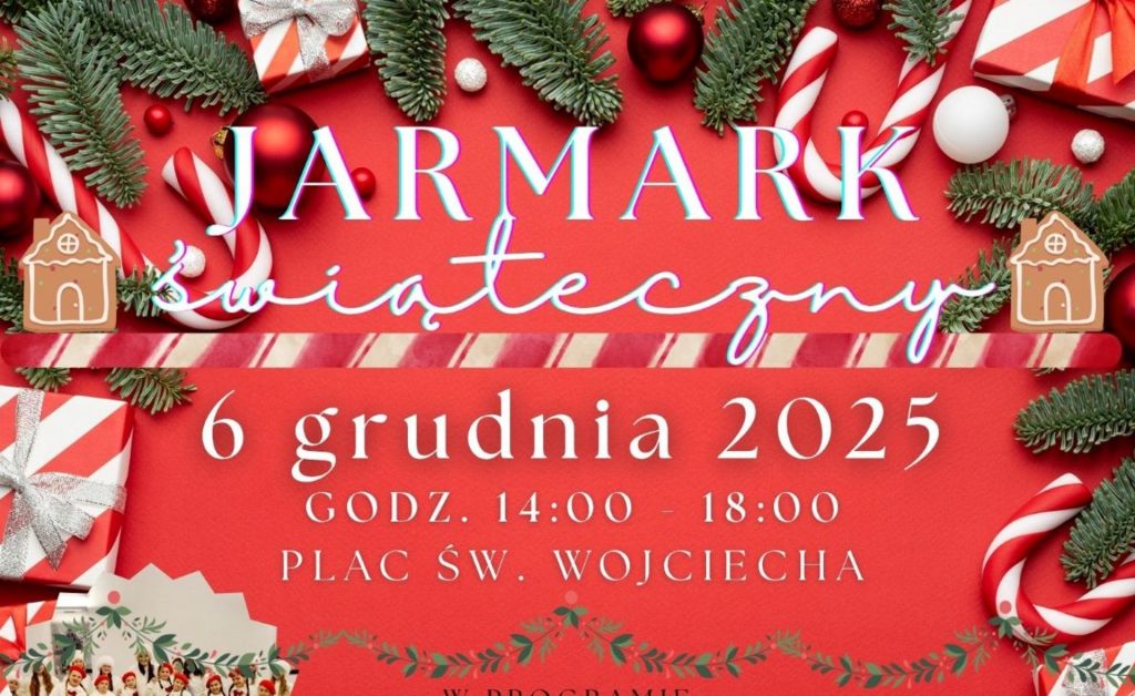 Plakat zapraszający w sobotę 6 grudnia 2025 r. do Pasłęka na Jarmark Świąteczny Pasłęk 2025.