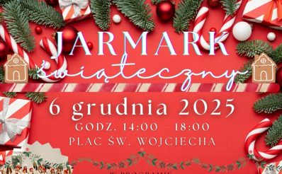 Plakat zapraszający w sobotę 6 grudnia 2025 r. do Pasłęka na Jarmark Świąteczny Pasłęk 2025.
