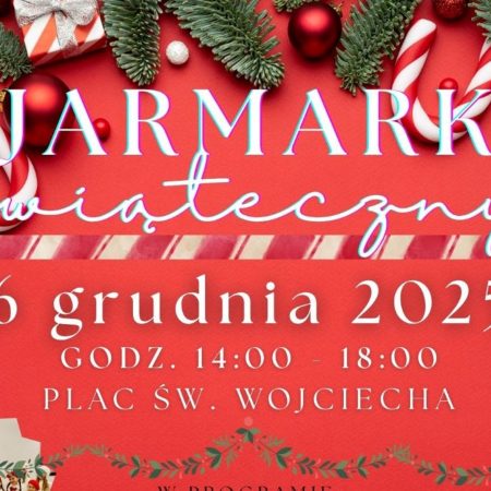 Plakat zapraszający w sobotę 6 grudnia 2025 r. do Pasłęka na Jarmark Świąteczny Pasłęk 2025.