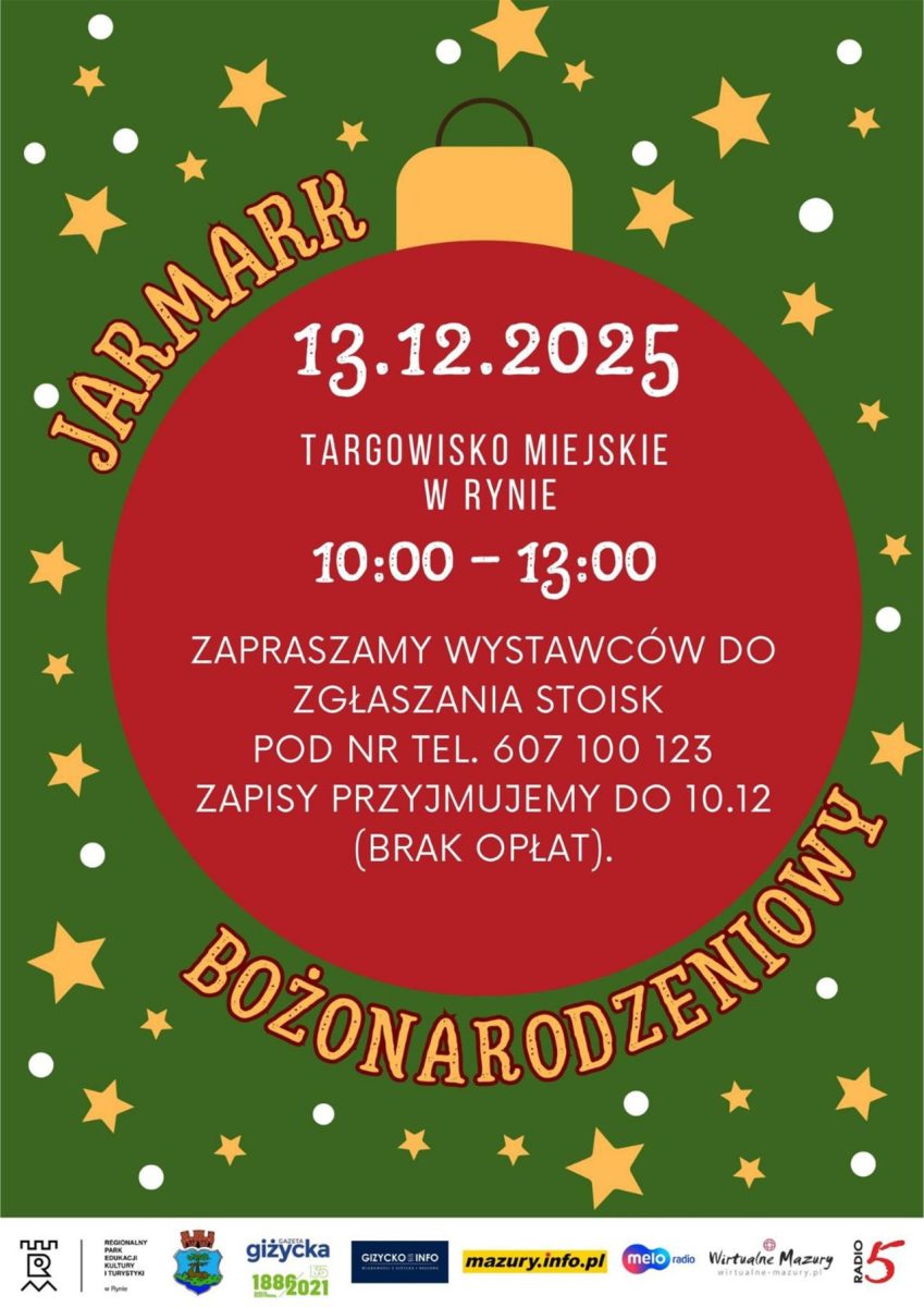 Plakat zapraszający w sobotę 13 grudnia 2025 r. do Rynu na Jarmark Bożonarodzeniowy Ryn 2025.