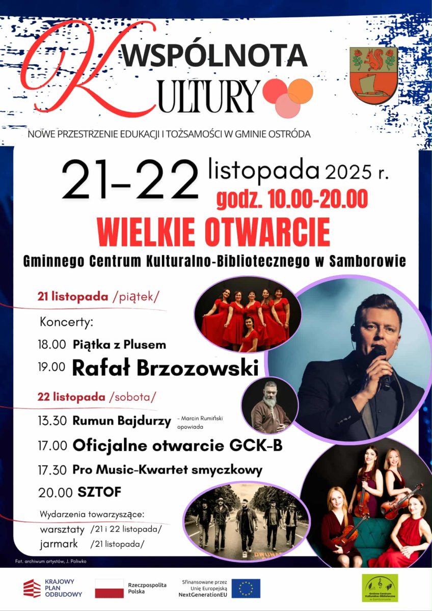 Plakat zapraszający w dniach 21-22 listopada 2025 r. do miejscowości Samborowo koło Ostródy na Wielkie Otwarcie Gminnego Centrum Kulturalno-Bibliotecznego Samborowo 2025. 