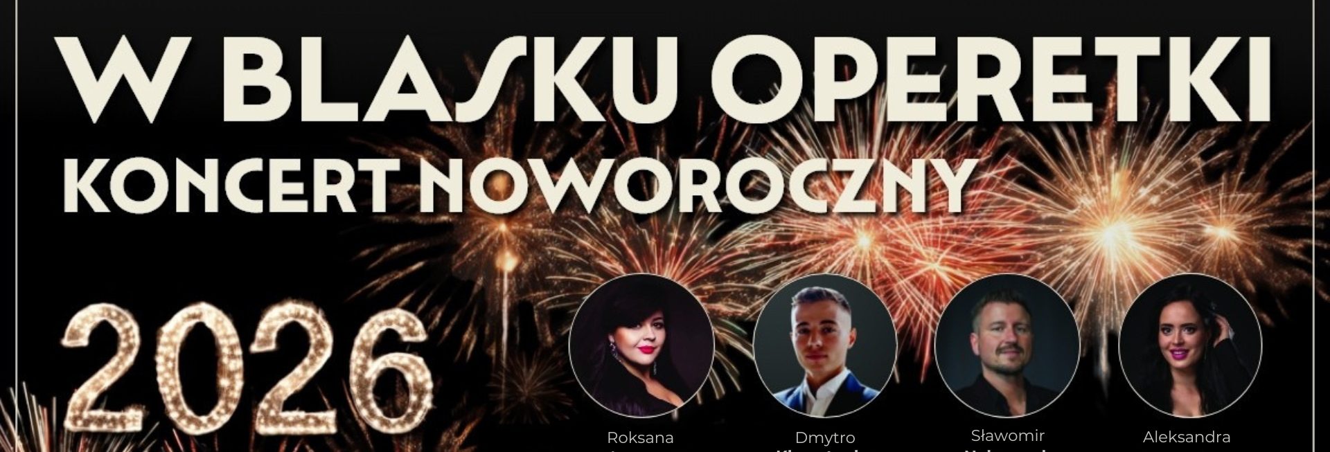 Plakat zapraszający w sobotę 10 stycznia 2026 r. do Szczytna na Koncert Noworoczny w Szczytnie - "W blasku operetki" Szczytno 2026. 