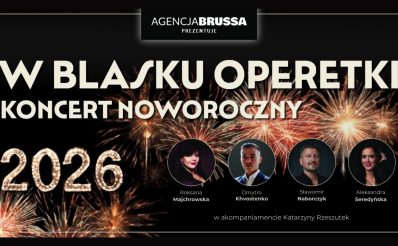 Plakat zapraszający w sobotę 10 stycznia 2026 r. do Szczytna na Koncert Noworoczny w Szczytnie - "W blasku operetki" Szczytno 2026. 