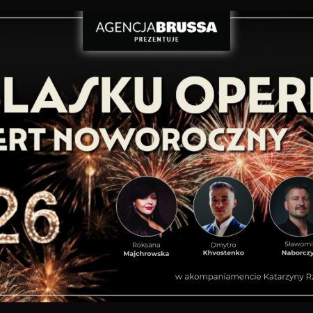 Plakat zapraszający w sobotę 10 stycznia 2026 r. do Szczytna na Koncert Noworoczny w Szczytnie - "W blasku operetki" Szczytno 2026. 