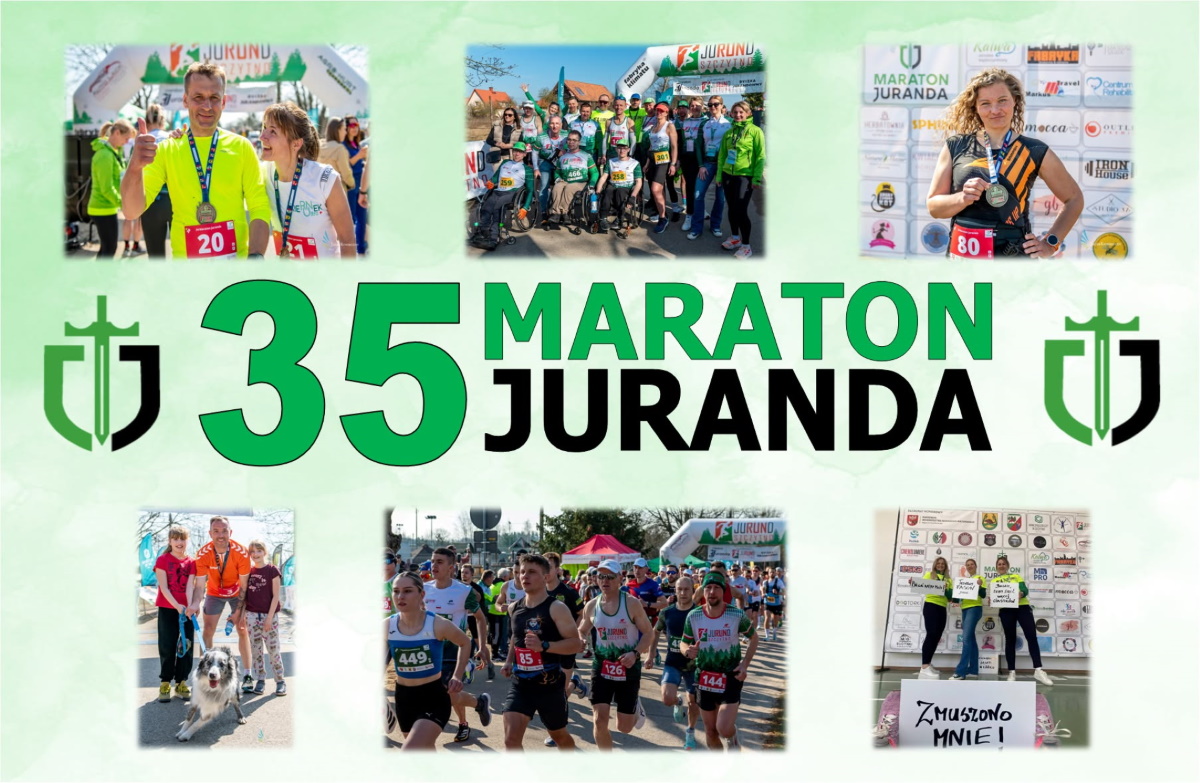 Plakat zapraszający w niedzielę 26 kwietnia 2026 r. do Szczytna i Lipowca na 35. edycję Maratonu Juranda 2026.