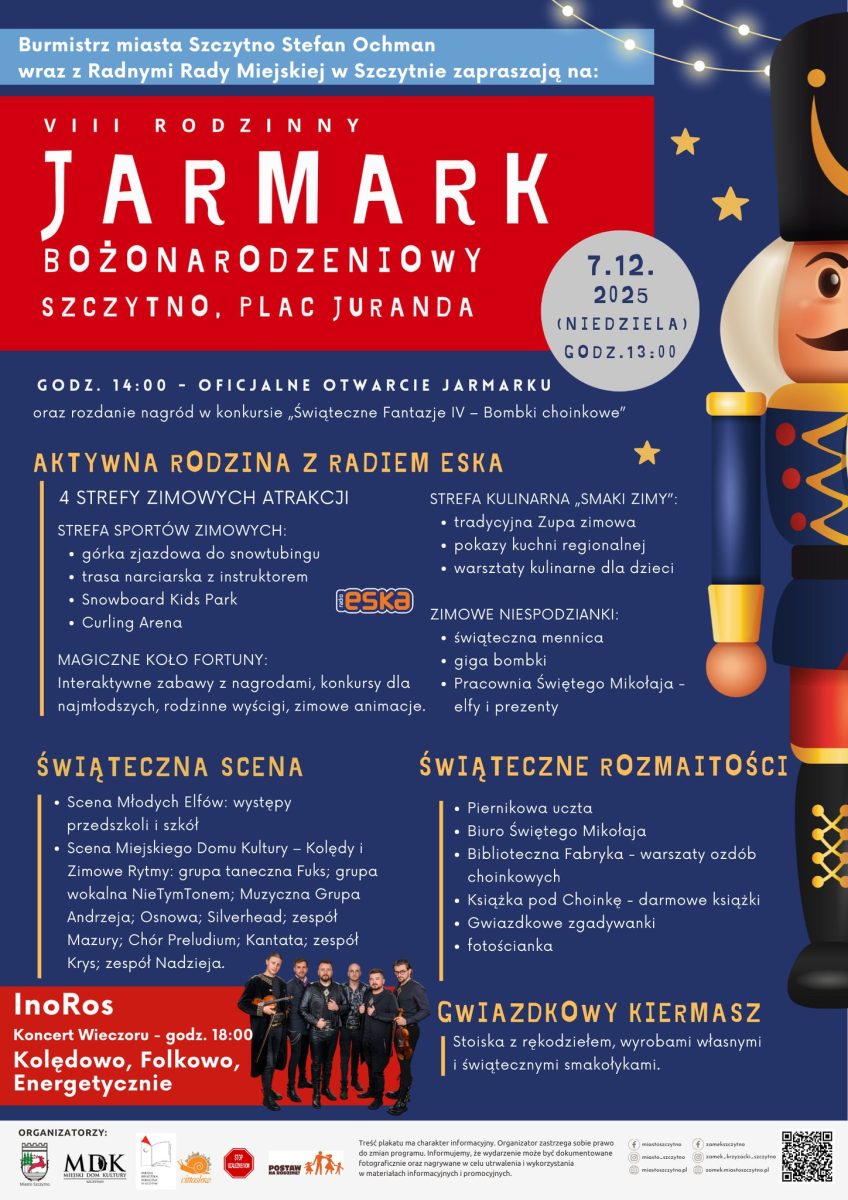 Plakat zapraszający w niedzielę 7 grudnia 2025 r. do Szczytna na 8. edycję Rodzinnego Jarmarku Bożonarodzeniowego Szczytno 2025.