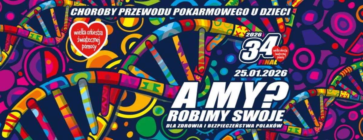 Plakat zapraszający na 34. Finał Wielkiej Orkiestry Świątecznej Pomocy.