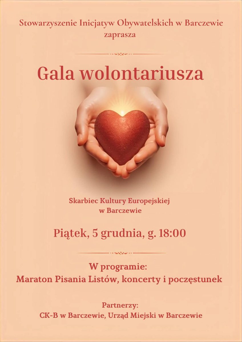 Plakat zapraszający w piątek 5 grudnia 2025 r. do Barczewa na Galę Wolontariusza Barczewo 2025. 