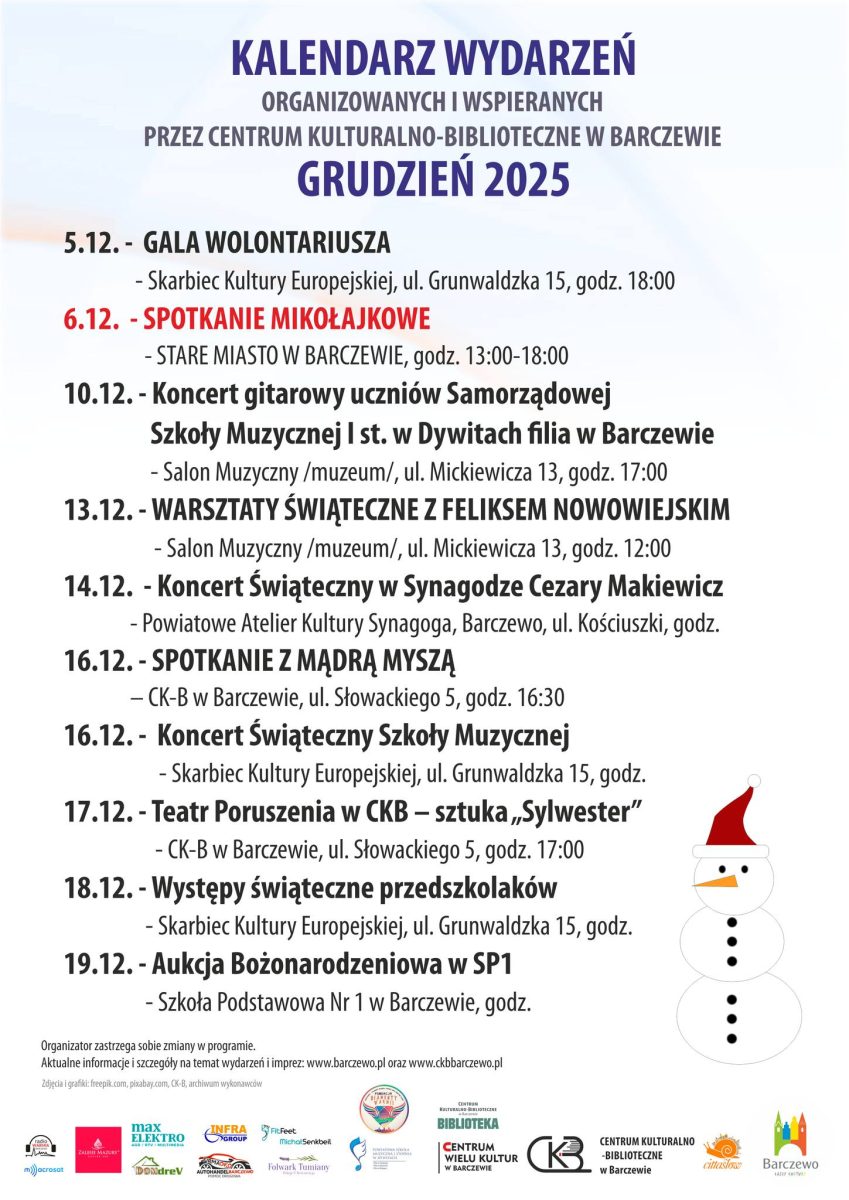 Kalendarz imprez w Barczewie w grudniu 2025 r.