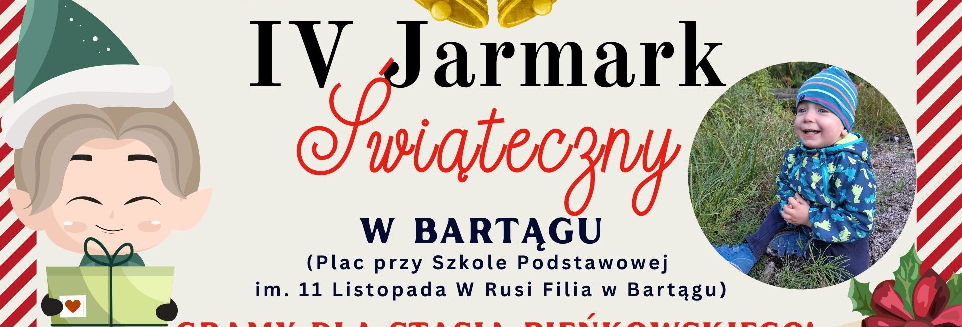 Plakat zapraszający w sobotę 13 grudnia 2025 r. do Bartąga w gminie Stawiguda na Jarmark Świąteczny Bartąg 2025. 