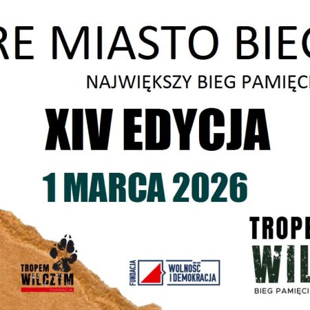 Plakat zapraszający w niedzielę 1 marca 2026 r. do Dobrego Miasta na 14. edycję Biegu Pamięci Żołnierzy Wyklętych „Tropem Wilczym” Dobre Miasto 2026.
