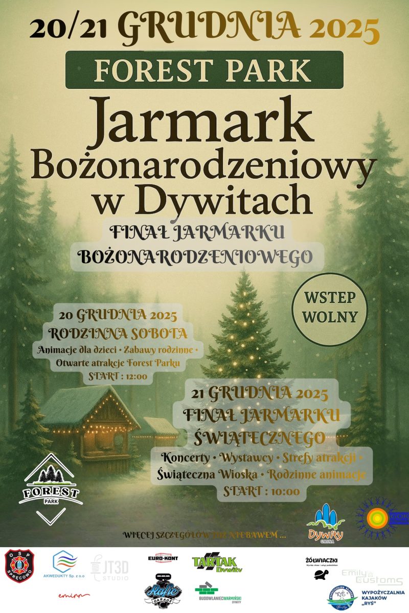 Plakat zapraszający w dniach 20-21 grudnia 2025 r. do Dywit na Jarmark Bożonarodzeniowy - Finał Dywity 2025. 