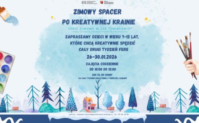 Plakat zapraszający w dniach 26-30 stycznia 2026 r. do Elbląga na Ferie Zimowe na Warmii i Mazurach 2026 "Ferie plastyczne" Elbląg. 