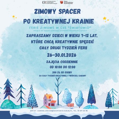 Plakat zapraszający w dniach 26-30 stycznia 2026 r. do Elbląga na Ferie Zimowe na Warmii i Mazurach 2026 "Ferie plastyczne" Elbląg. 