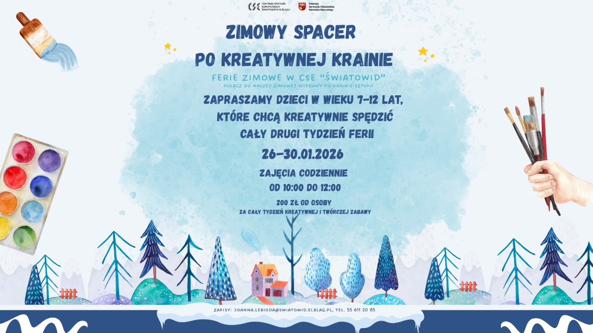 Plakat zapraszający w dniach 26-30 stycznia 2026 r. do Elbląga na Ferie Zimowe na Warmii i Mazurach 2026 "Ferie plastyczne" Elbląg.
