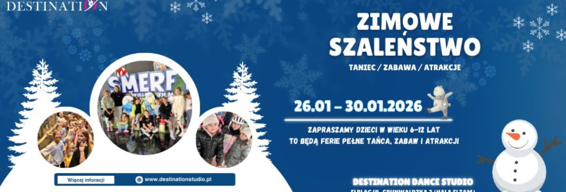 Plakat zapraszający w dniach 26-30 stycznia 2026 r. do Elbląga na Ferie Zimowe na Warmii i Mazurach 2026 "Zimowe Szaleństwo" Elbląg. 
