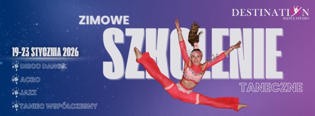 Plakat zapraszający w dniach 19-23 stycznia 2026 r. do Elbląga na Ferie Zimowe na Warmii i Mazurach 2026 "Zimowe Szkolenie Taneczne" Elbląg.
