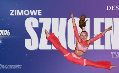 Plakat zapraszający w dniach 19-23 stycznia 2026 r. do Elbląga na Ferie Zimowe na Warmii i Mazurach 2026 "Zimowe Szkolenie Taneczne" Elbląg.