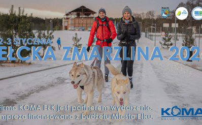 Plakat zapraszający w dniach 2-3 stycznia 2026 r. do Ełku na cykliczną imprezę sportową Ełcka Zmarzlina Ełk 2026.