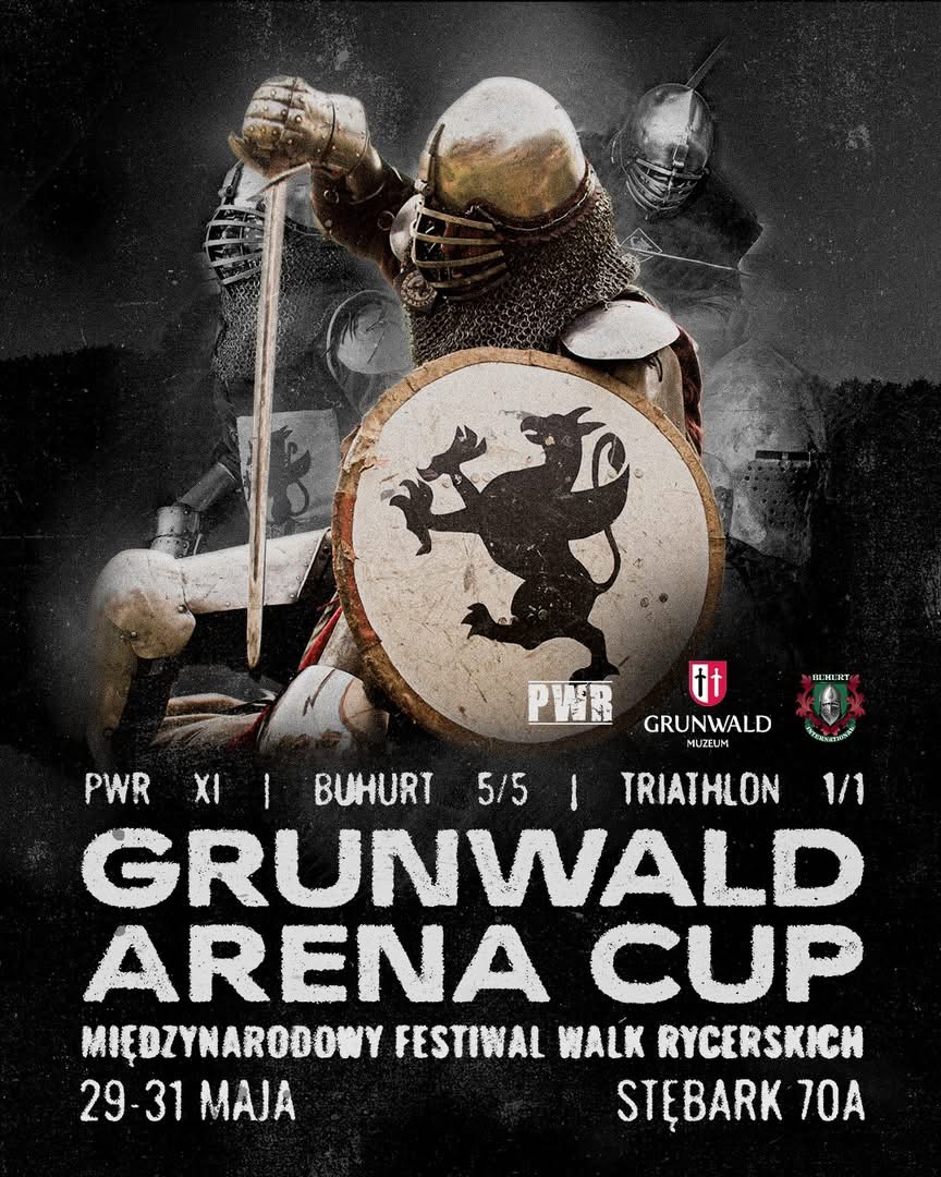 Plakat zapraszający do Grunwaldu na Puchar Świata w Sportowych Walkach Rycerskich Grunwald 2026.