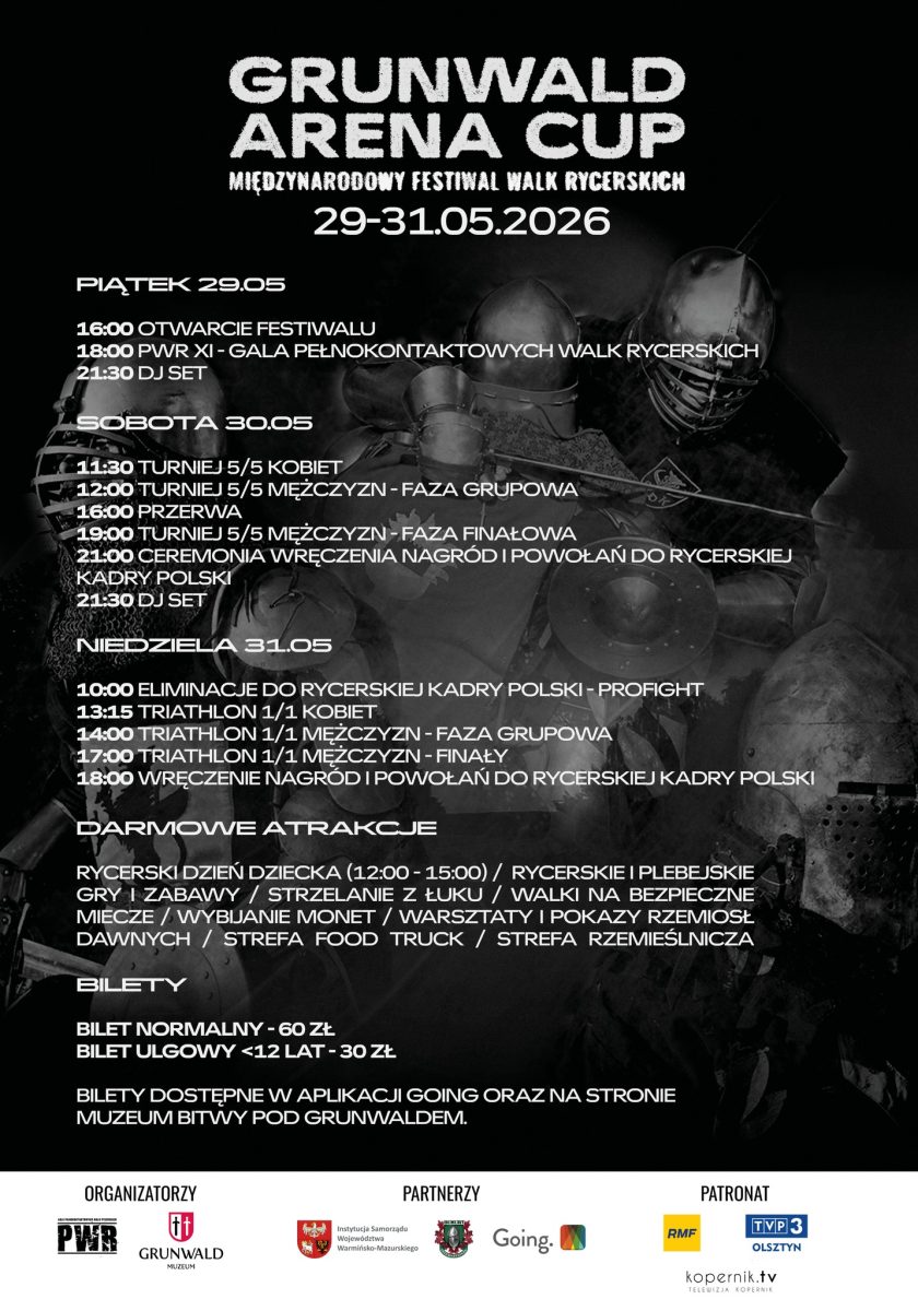 Plakat zapraszający do Grunwaldu na Puchar Świata w Sportowych Walkach Rycerskich Grunwald 2026.