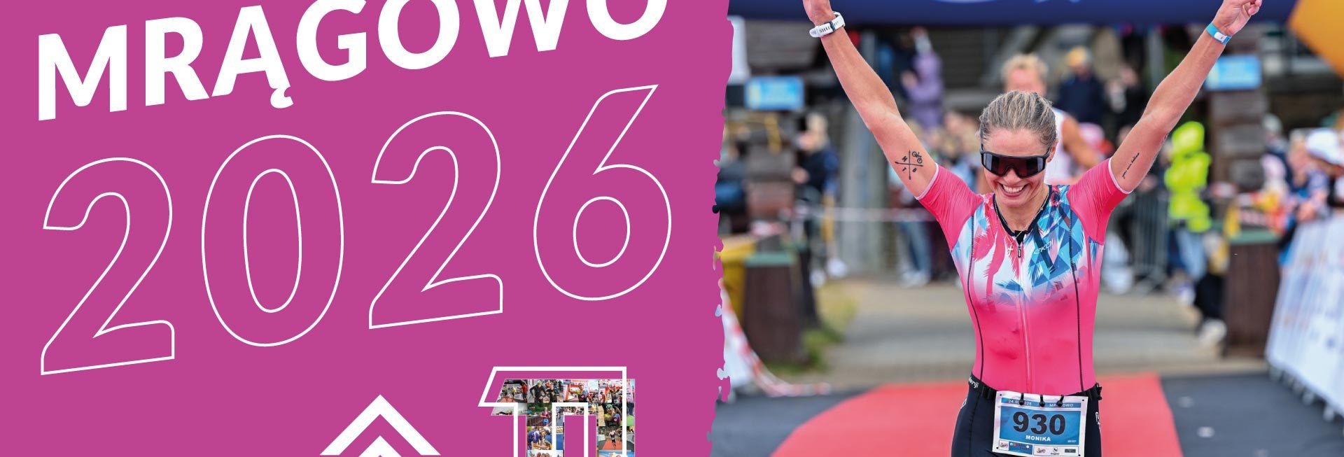 Plakat zapraszający w niedzielę 23 sierpnia 2026 r. do Mrągowa na LOTTO Triathlon Energy Mrągowo 2026.