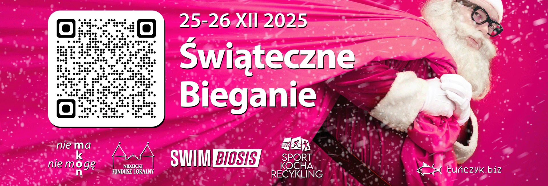 Plakat zapraszający w dniach 25-26 grudnia 2025 r. do Nidzicy na Świąteczne Bieganie Nidzica 2025. 