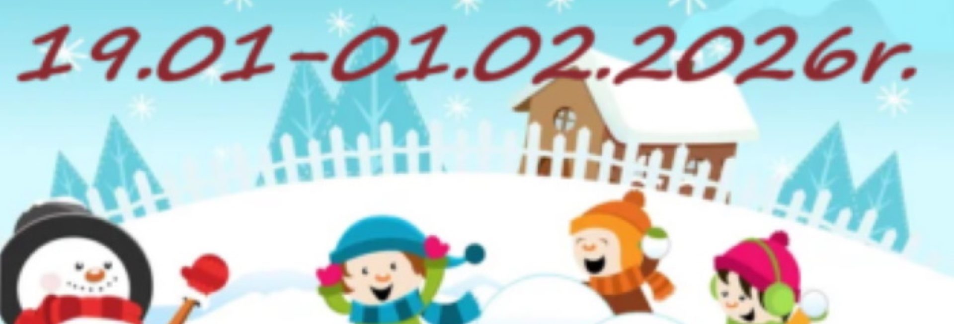 Plakat zapraszający w dniach od 19 stycznia do 1 lutego 2026 r. do Olsztyna na Ferie Zimowe Na Warmii i Mazurach 2026 w Pałacu Młodzieży Olsztyn.