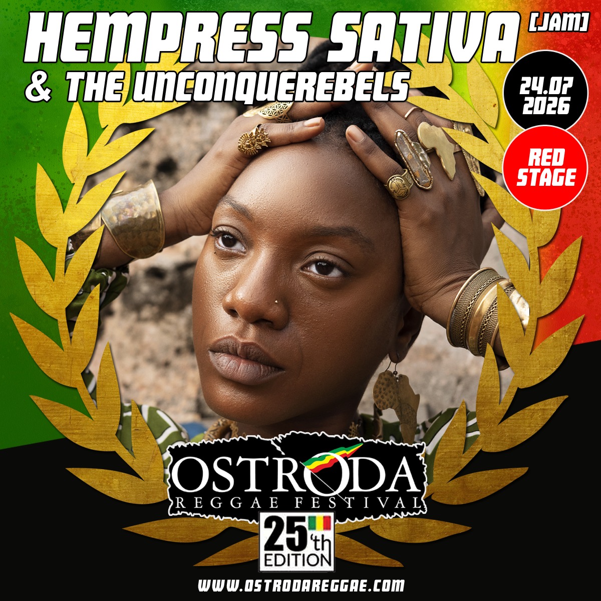 Plakat zapraszający w dniach 23-26 lipca 2026 r. do Ostródy na 25. edycję Ostróda Reggae Festival Ostróda 2026.