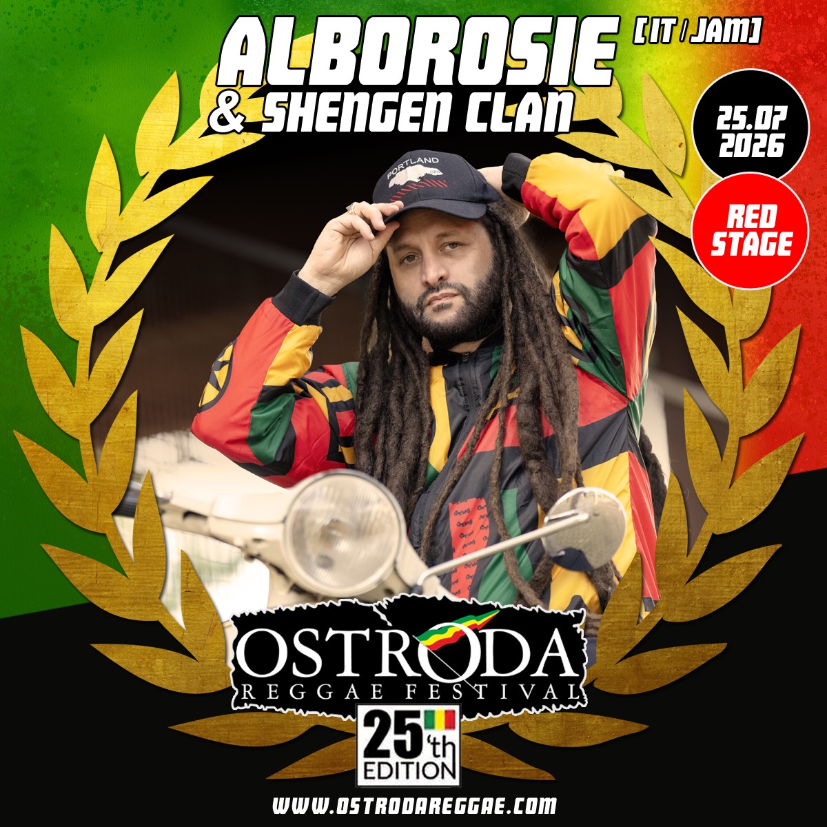 Plakat zapraszający w dniach 23-26 lipca 2026 r. do Ostródy na 25. edycję Ostróda Reggae Festival Ostróda 2026.