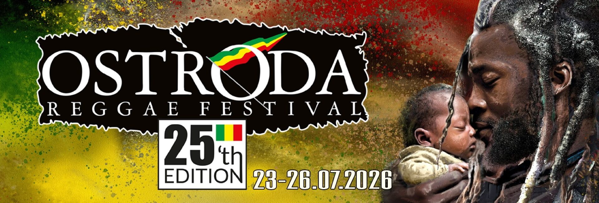 Plakat zapraszający w dniach 23-26 lipca 2026 r. do Ostródy na 25. edycję Ostróda Reggae Festival Ostróda 2026.