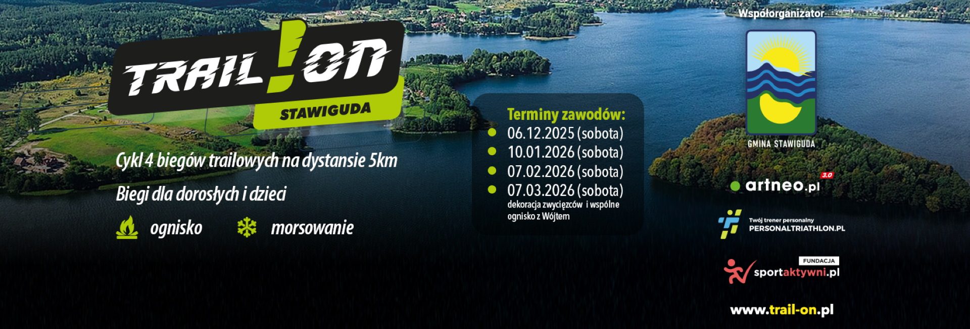 Plakat zapraszający do miejscowości Ruś k. Olsztyna na Zawody biegowe Trail!ON Stawiguda 2026. 