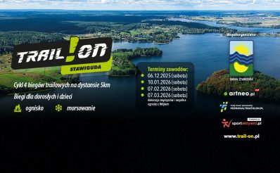 Plakat zapraszający do miejscowości Ruś k. Olsztyna na Zawody biegowe Trail!ON Stawiguda 2026. 